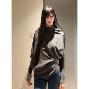 2024 New Asymmetric High Collar Grey Sweater Womens Autumn Winter Loose Batwing Sleeve Knitted Top Comfortable Commute Style