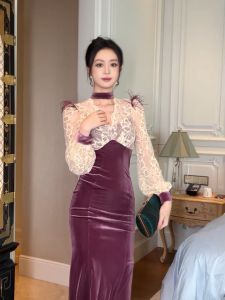 ZYHT EraVogue Đầm Váy nữ váy tím váy dài tay váy đuôi cá váy nhung váy xã hội cao váy cổ điển váy sự kiện váy dự tiệc váy Pháp 20982