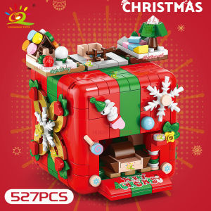 HUIQIBAO Christmas Gift Surprise Mechanism Box Model Building Block DIY Elk Snowman Bricks Ornament Toys for Children Adult