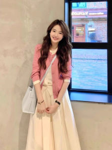 Tea System Pink Knitted Open Cardigan And Half Skirt Two-Piece Set plus Size Casual Style Mid-Thick Polyester Warm Autumn Wear
