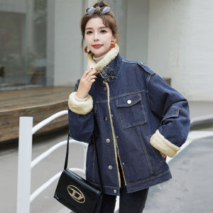 Womens Short Fleece Lined Denim Jacket Thickened Cotton Lamb Fur Warmth Outerwear Korean Style Loose Fit Long Sleeve Zipper