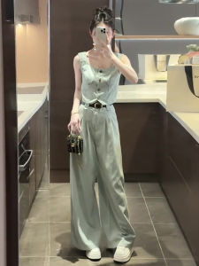 Quần Short Denim Ống Rộng Lưng Cao Thời Trang Kèm Áo Vest Nữ Mùa Hè 2024 Bộ Đồ Hai Mảnh Phong Cách Mới