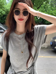 chaqi | Gray Short Sleeve T-Shirt Womens Correct Shoulder Summer Thin Not Collision Summer OOTD Matching Small Design Sense Small Top