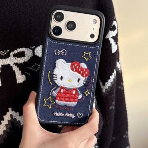 Sanrio | Luxury Denim Leather Pattern Cartoon Hello Kitty Case For iPhone 17 15 14 Pro Max 17 Pro Love Heart Stars Style Shockproof Cover
