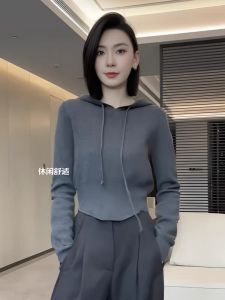 Grey Long Sleeve Knitted Top Women Loose Fit Slimming Hoodie Base Layer Shirt Spring 2025 New Style Commute Korean Version