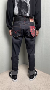 Celana Jeans Pria raw Denim Selvedge Accent Black Indigo sanforized