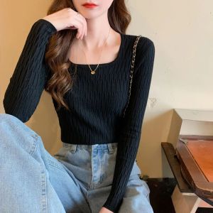 Women's Tops Autumn Korean Style Square Neck Long Sleeve Knit Top Fashion Slim Sweater Women
