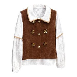 Casual Layered Style Cardigan Vest Khaki Golden Flower Retro