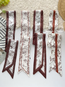 Pouie | Floral Narrow Long Silk Scarf for Women Fashionable Decorative Accessory