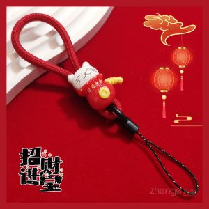 New Year Red Woven Finger Phone Lanyard Cat Attraction Wealth Keychain USB Flash Drive Ring Buckle Mobile Phone Case Anti-Loss Cord