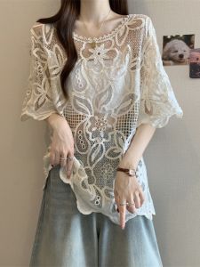 SHIMANQING | Floral Lace Hollow Out Plus Size Summer Blouse