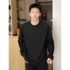 Cleanfit Black Long Sleeve Henry Collar T-Shirt สำหรับผู้ชาย เสื้อฮู้ดหนา ทรงหลวม ลายสก็อต สไตล์อเมริกัน แฟชั่นฤดูใบไม้ร่วง