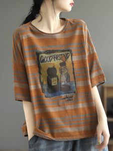 Fashionable American Print Short Sleeve T-Shirt And Five-Quarter Pants Straight Leg Shorts Two-Piece Set Womens Commute Style Cotton Blend