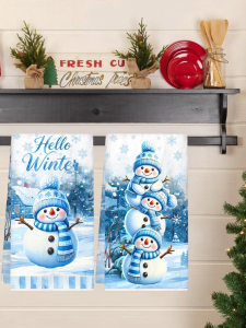 2pcs Merry Christmas Polyester Hand Towels Blue Snowman Hello Winter Design Dish Towels Home Bathroom Kitchen Tableware Dishwashing Cloth 2026 Xmas Party Decoration
