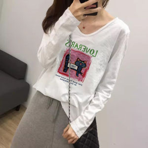 เสื้อยืดคอกลมแขนยาวผ้าฝ้ายลายกระดูกไผ่สำหรับผู้หญิง ทรงหลวมสบาย ๆ สีพื้น เสื้อเชิ้ตฐานสีสันสดใสสำหรับฤดูใบไม้ร่วง