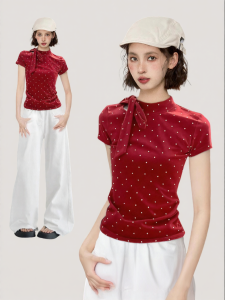 BAIDAIFEI | Red Polka Dot Short Sleeve Shoulder T-Shirt