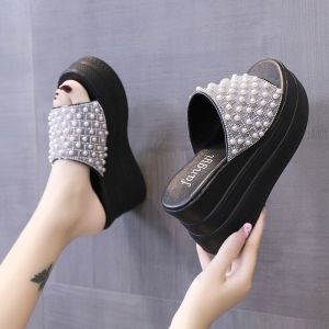 Inlaid Pearl High 8cm Open toe Womens Wedge Slippers Korean Version 2023 New Summer Fashion Versatile Anti Slip Casual Slippers