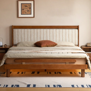 WEISHA | Vintage Style Soft-backed Wooden Bed for Master Bedroom Genuine Leather