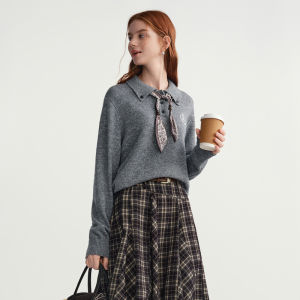 DUSHU | Plus Size Silk Scarf Decorated Polo Neck Knit Sweater