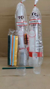 (ชุดละ 5 แพค) แก้วยีราฟ 24 ออนซ์ พร้อมฝาฮาฟปาก 90 mm.+หลอดมุกคละสี แพคละ 25 ใบ ยี่ห้อTC