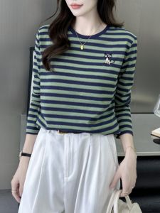 Loose Long Sleeve round Neck T-Shirt Womens Cotton Embroidered Shoulder Stripe Spring Autumn Winter New Style Color Block Match All