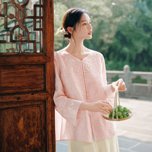 XIANGYING | New Chinese Style White Embroidery Round Neck Cardigan Loose Fit Blouse