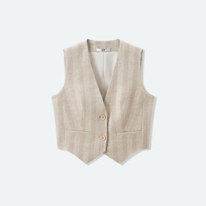 Womens Summer Linen V-Neck Striped Short Vest