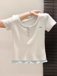 Color Block U-Neck Short Sleeve T-Shirt Womens Summer Slim Fit Embroidery Trendy Top Korean Style Commute Fashion Cotton Sweatshirt