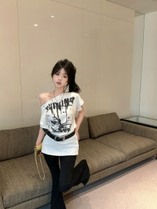 GUZILIAN | Street Style Printed Asymmetrical Short Sleeve T-Shirt Womens Summer Slimming Waist Design Mid-Length Casual Top