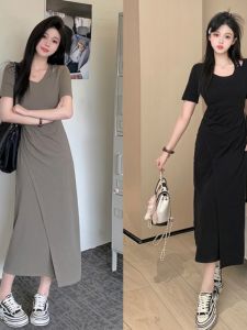 plus Size Summer New Style Womens Dress Slimming High Waist Short Sleeve Asymmetrical Hemline Korean Style Long Dress