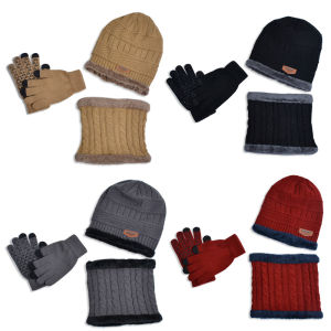 Winter Kids Knitted Hat Scarf Gloves Plush Lining Warm Children Beanie Hats Set Non Slip Gloves Neck Warmer 4Pcs Kids Cap 4-10Y