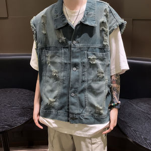 Retro Raw Hem Ripped Short Denim Mens Vest Spring Summer Trendy Washed All-Match Street Sleeveless Waistcoat Tops