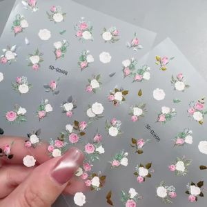1Pcs 5D Pink&White Rose Nail Art Sticker Elegant Peony Self-Adhesive Nails Decals for Romantic Valentines Day Manicure Sliders