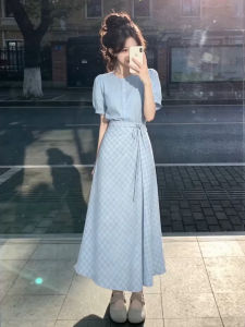NIUVIES | Bộ Đầm Midi Họa Tiết Caro Xanh