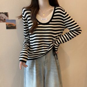 Slim Fitting Stripe Knitted Tunic Short Top