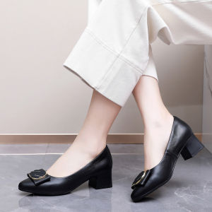 Leather Pointed Toe Work Shoes Universal Medium Heel Slip-On Womens Spring Autumn Small Size Soft Bottom Small Leather Shoes