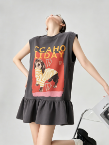GULILI | Dogs Print Round Neck Flared Hem Casual Dress