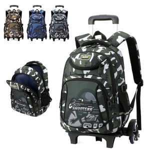 New Pupil Boys Camo Design Tie Rod Book Bag 6 Wheels Climbing Stairs Waterproof Large Capacity Backpack