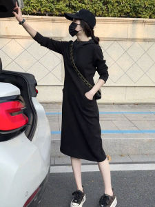 Fashionable Hooded Half-Zip Sweatshirt Dress Womens Black Long Sleeve Casual Style Spring New Arrival Slimming Midi Skirt