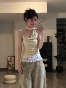 VKSOD | Korean Style Irregular Neckline Strap Vest Women Summer High Waist Lace Wide Leg Pants Two Piece Set Asymmetrical Design