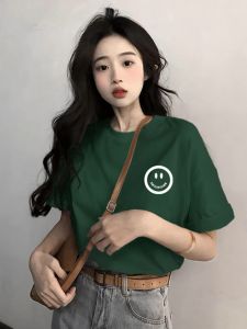 Lime Green Loose Fit Pure Cotton Short Sleeve T-Shirt Womens Summer New Style Slimming Smiley Print Top Korean Style Casual Wear