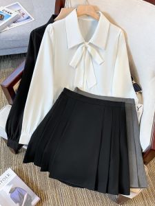 Spring Autumn Womens plus Size Shirt And Skirt Set French Knot Long Sleeve Blouse A-Line Mini Skirt Two-Piece Ensemble