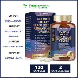 Totaria 25-in-1 Sea Moss Black Seed Oil Ashwagandha Ginger Shilajit Supplement Sea Moss Capsules with Burdock Root Ceylon Cinnamon Vitamin C & D3 for Immune System Gut Skin & Energy