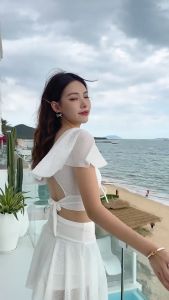 Set bikini đi biển 2 mảnh đẹp đồ tắm đồ bơi chân váy xoè cạp cao kín đáo che bụng B45