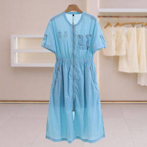 Zipper Front Rolled Sleeves Stretch Waist Dress