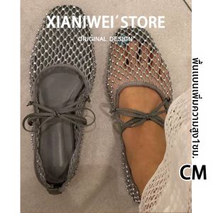 XIANNIWEI | Crystal Mesh Bow Single Shoe  French Ballet Flat Mary Jane Shoe