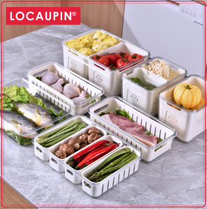 Locaupin Food Storage Containers Stackable Refrigerator Organizer Bins with Lids with Removable Compartment Basket