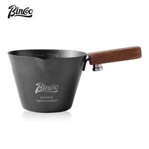 BINCOO Espresso Coffee Cup Measuring Wooden Handle Stainless Steel Milk Cup with Scale Coffee Liquid Extraction Cup 120ML