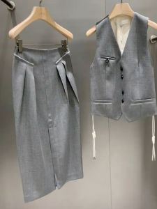 Bộ Đồ Vest Phong Cách Pháp Màu Xám Thanh Lịch Bộ Đồ Hai Mảnh Áo Vest Và Áo Vest Nửa Thân Váy Bộ Đồ Hai Mảnh