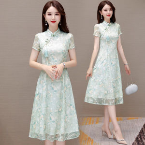 MAIMEI | New Chinese Style National Trend Improved Cheongsam Dress Summer 2025 High Waist A-Line Skirt Short Sleeve Print Midi Dress